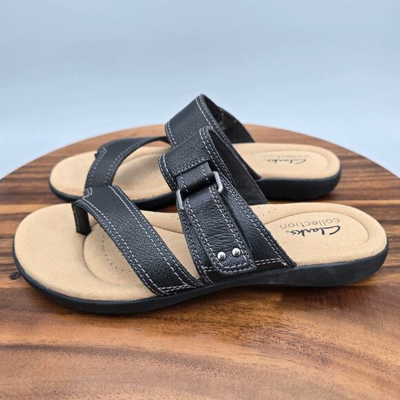 Clarks Sandals Women's 7 M Black Leather Thong Slip On Comfort Toe Loop Strap - Picture 3 of 7